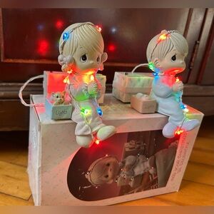 PRECIOUS MOMENTS  Boy & Girl Figurines Wrapped in Multicolor Lights SOLD as SET